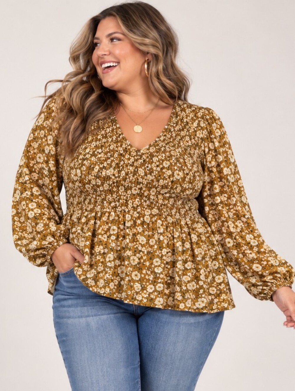 Old Navy Size XXL: Floral Smocked Peplum V-Neck Top in Mustard